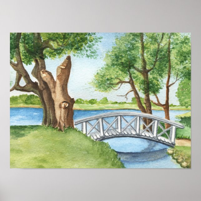 Aquarela Greenery Lake Trees Poster Impressão (Frente)