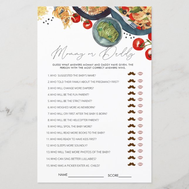 Aquarela Jogo de Chá de fraldas Italiano Adivinha  (Frente)