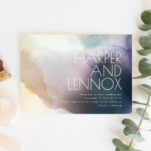 Aquarela no Convite para Casamento Roxo e Dourado