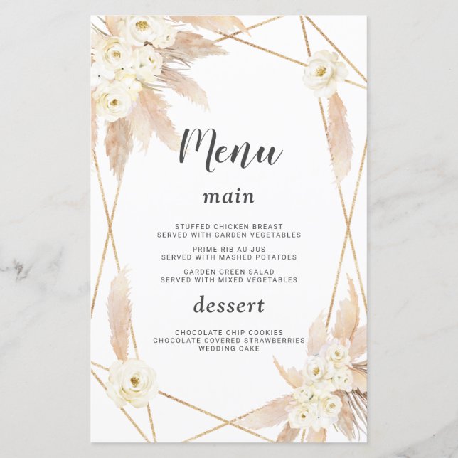 Aquarela Pampas Grass White Flowers Menu Casamento (Frente)