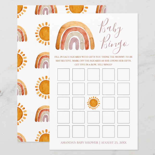 Aquarela Personalizada Boho Rainbow Baby Bingo (Frente/Verso)
