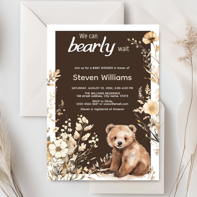 Aquarela podemos esperar o convite (Cute bear with rustic blue flowers baby shower invitation)