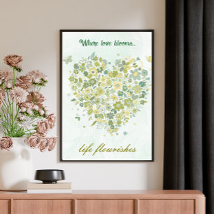 Aquarela Poster de Coração Floral Botânica Verde