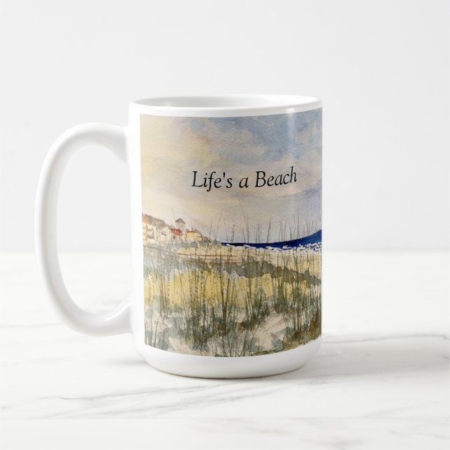 aquarela praia, a vida é uma praia, caneca de café (Esquerda)