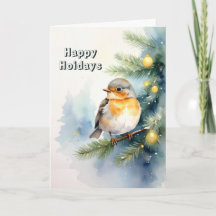 Aquarela Robin em um cartão de férias de galho de