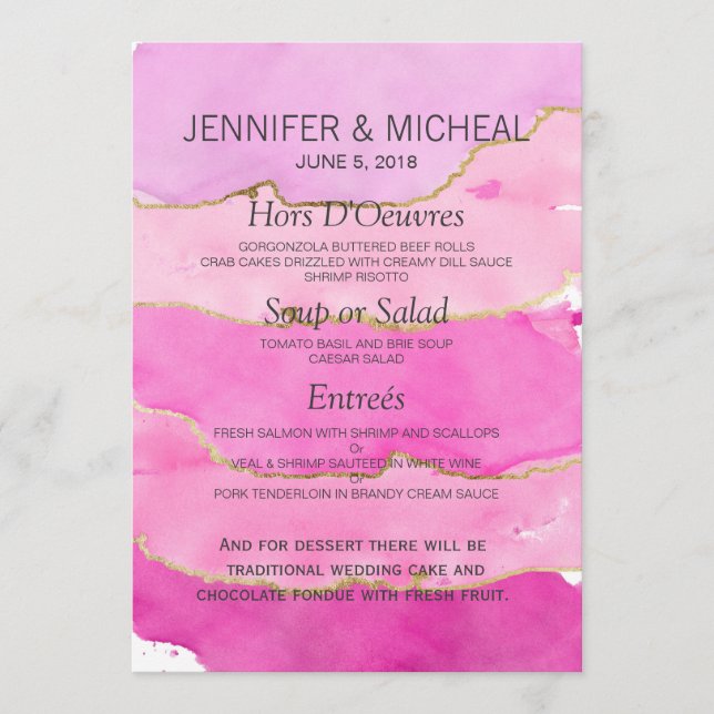 Aquarela rosa e Menu Casamento Dourado (Frente)