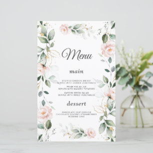 Aquarela Verde Flores Rosa Douradas Menu Casamento