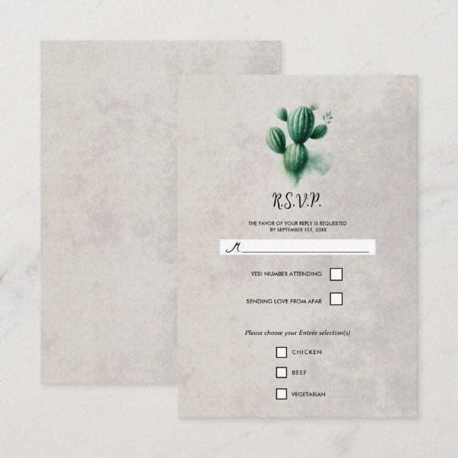 Aquarela Verde Pedra Cacto Cinza RSVP Casamento (Frente/Verso)