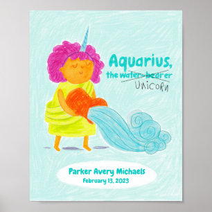Aquário Cute Personalizado Unicórnio Zodiac Poster