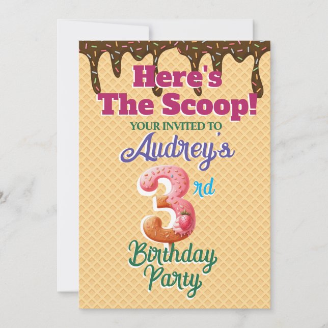 Aqui está o Convite para Cones de Waffle Scoop (Frente)