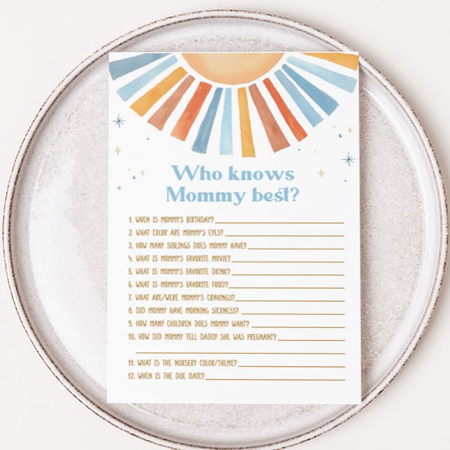 Aqui vem o Chá de fraldas do Filho que conhece o m (Boho Sunshine Baby Shower Who knows Mommy Best Game)