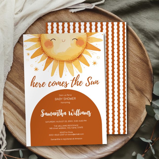 Aqui vem o convite do Chá de fraldas Sun Boho (Here comes the Sun cute watercolor baby shower invitation boho)