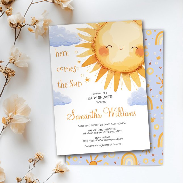 Aqui vem o convite para Chás de fraldas giros do S (Here comes the Sun watercolor cute baby shower invitation )