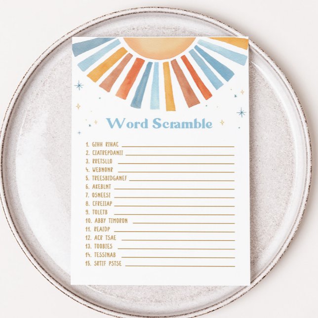 Aqui vem o jogo do Chá de fraldas Filho do Word Sc (Boho Sunshine Baby Shower Word Scramble Game)
