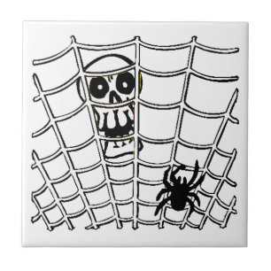 Aranha na Web com Azulejo de Halloween de Caveira