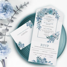 Arca com chalé, flores azuis aqua, folhas de casam