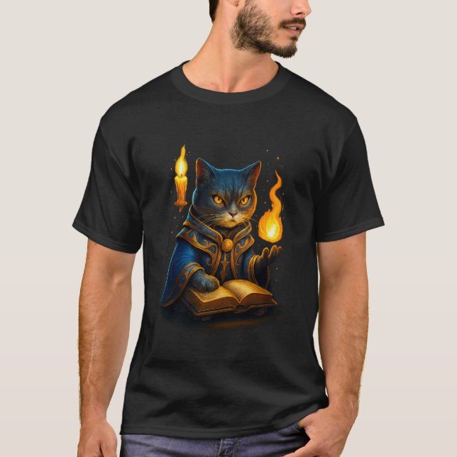 Arcane Wizard Cat – Flame Spellcaster T-Shirt (Frente)
