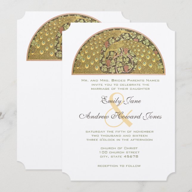 Arch Art Deco Peacock Birds Convite Para Casamento (Frente/Verso)