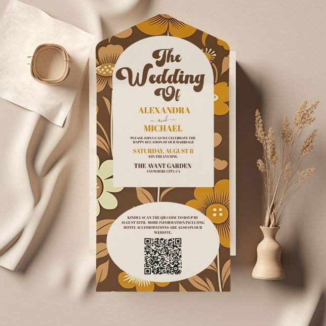 Arch com código QR Moderno Retro 70s Casamento Flo (Criador carregado)