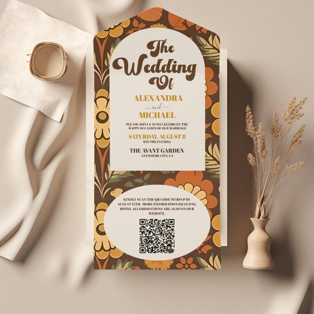 Arch com código QR Moderno Retro 70s Casamento Flo (Criador carregado)