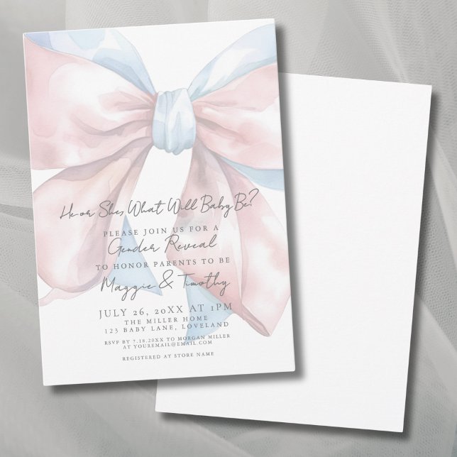 Arco Azul Cor-de-rosa  Gênero Revelar Convite de f (Pink Blue Bow Gender Reveal Party Invitation)