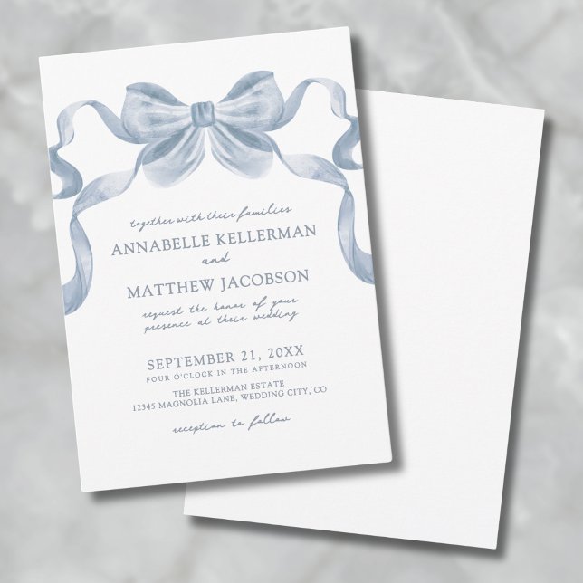 Arco Azul Dusty Whimsical Elegant Wedding Convite (Dusty Blue Bow Whimsical Elegant Wedding Invitatio Invitation)