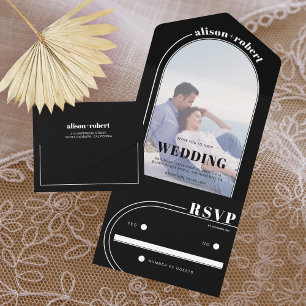 Arco branco moderno e casamento preto fotográfico