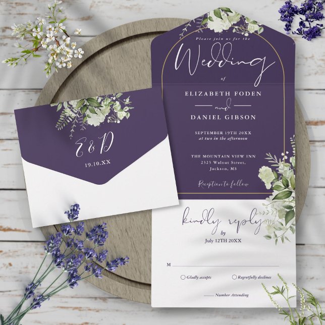 Arco de Noiva Floral Verde Roxo e Dourado (Greenery Floral Purple And Gold Arch Wedding All In One Invitation)