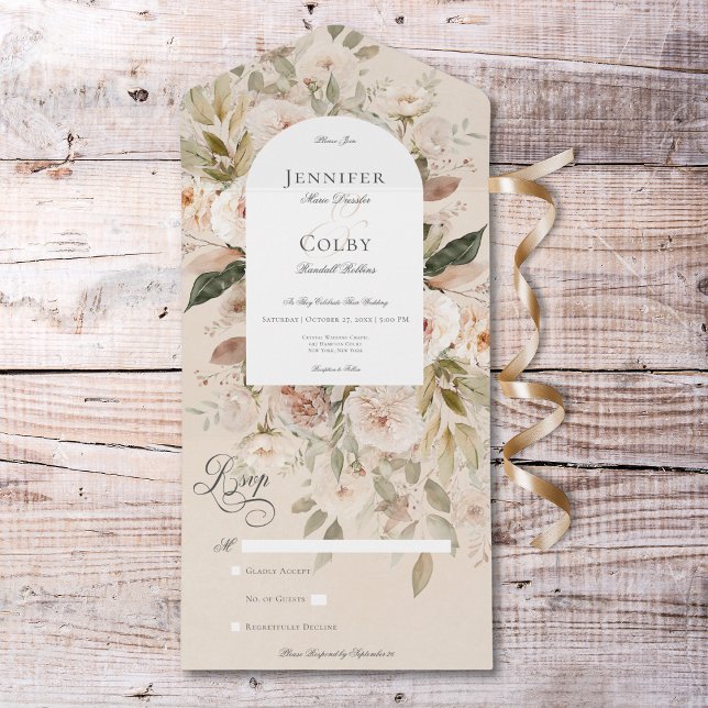 Arco Floral Russo Neutro Tan & Cream Sem Janto (Rustic Neutral Tan & Cream Floral Arch No Dinner All In One Invitation)