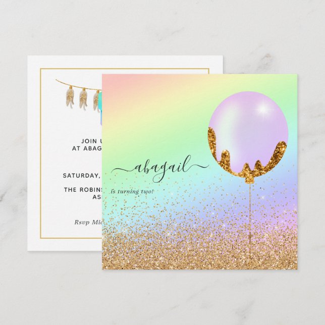 Arco-íris e Convite à Festa de aniversário Dourado (Frente/Verso)