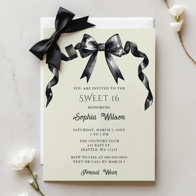 Arco Preto de Coquete 16 Suave Convite (Budget Elegant Watercolor Coquette Black Bow Sweet 16 Invitation)