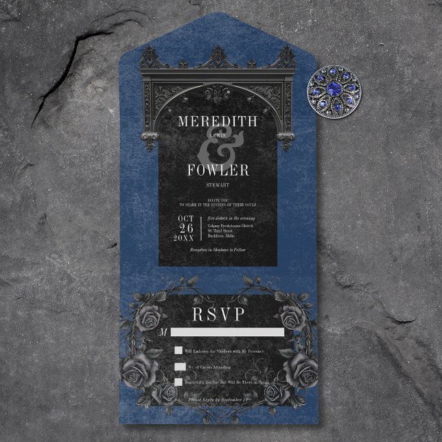 Arco preto gótico e Rosas pretas azul sem Janto (Gothic Black Arch & Black Roses Blue No Dinner All In One Invitation)