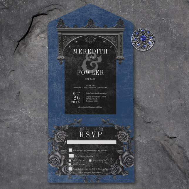 Arco preto gótico e Rosas pretas Janto azul (Gothic Black Arch & Black Roses Blue Dinner All In One Invitation)
