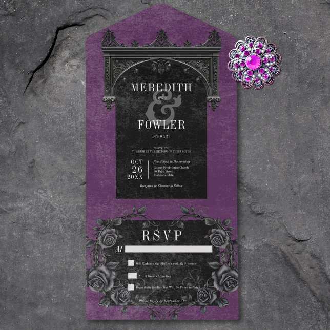 Arco preto gótico e Rosas pretas Roxo sem Janto (Gothic Black Arch & Black Roses Purple No Dinner All In One Invitation)