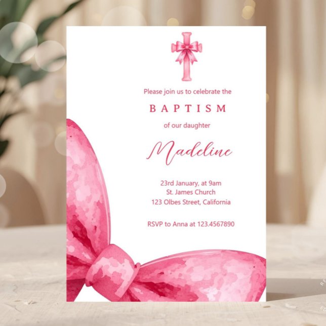 Arco Rosa Coqueteiro Meninas do Batismo Convite (bow baptism, pink bow invite, christening girl, baptism girl invite, ribbon, pink, minimal, elegant,)