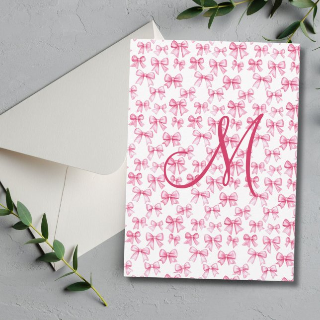Arco Rosa Monograma - Papel estético Coqueteiro (Pink bow monogram initial preppy thank you card for her. Bridal shower, or personal)