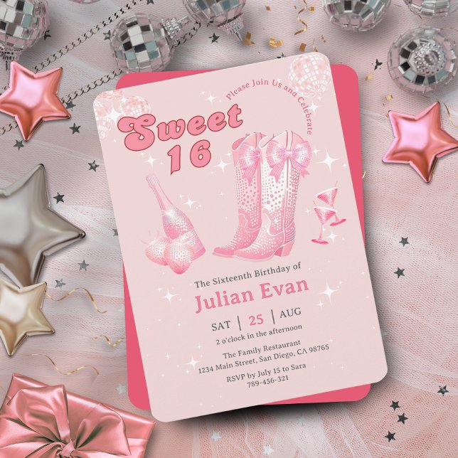 Arco Rosa-Rosa-Glitter Boots Doce 16 Convite (Glitter Cowgirl Pink Bow Boots Sweet 16 Invitation)