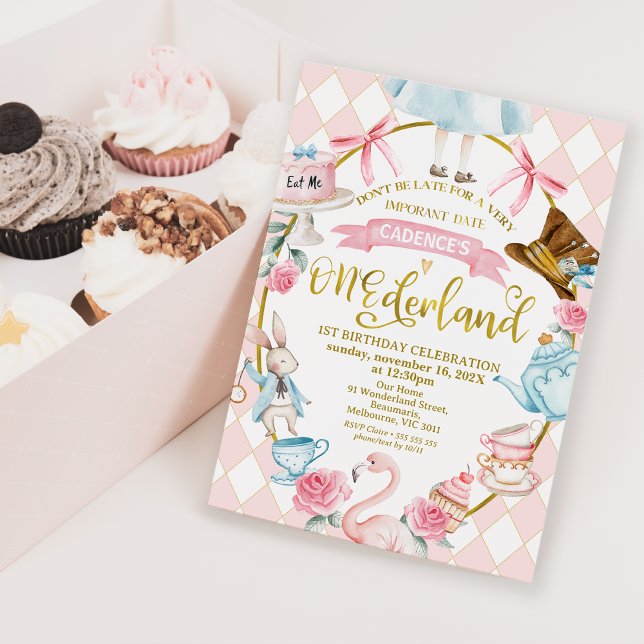 Arcos Rosa Alice Onederland - Convite para primeir (Alice In Onederland 1st Birthday Invitation Pink Diamond Pattern, Onederland Birthday Pink Bows )