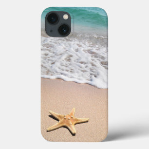 Areia de praia, ondas oceânicas e estrelas-do-mar