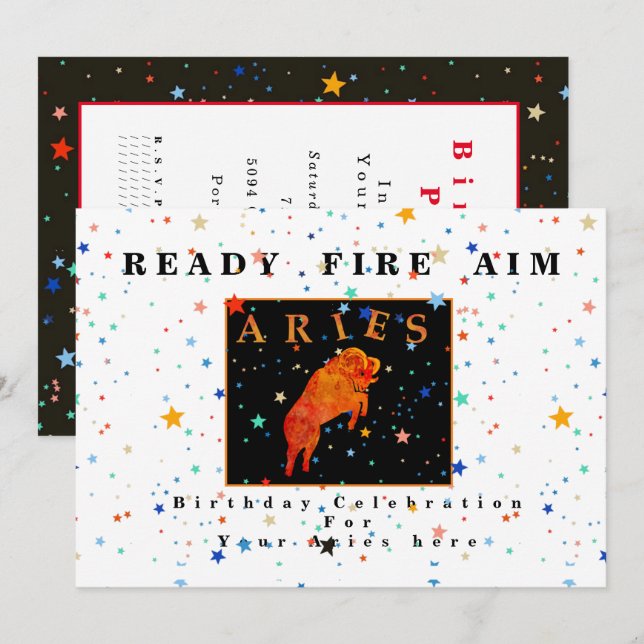 Áries zodíaco PRONTO DISPARAR FOGO convite de estr (Frente/Verso)