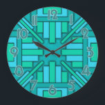 Art Deco 1920 Geométrico Padrão Verde Verde-Teal<br><div class="desc">Esta bela design do relógio original é feita num estilo de deco de arte geométrica que lembra os modernos anos 20. As formas retangulares apontam para dentro em direção às mãos do relógio. As cores são feitas em vários tons de verde e azul, que vão do chalé à turquesa ao...</div>