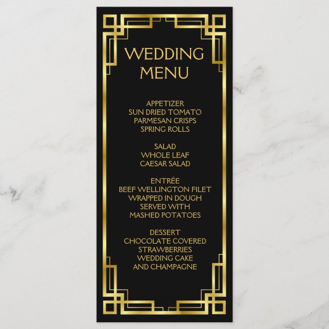 Art Deco Black E Dourado Menu Para Casamento (Frente)