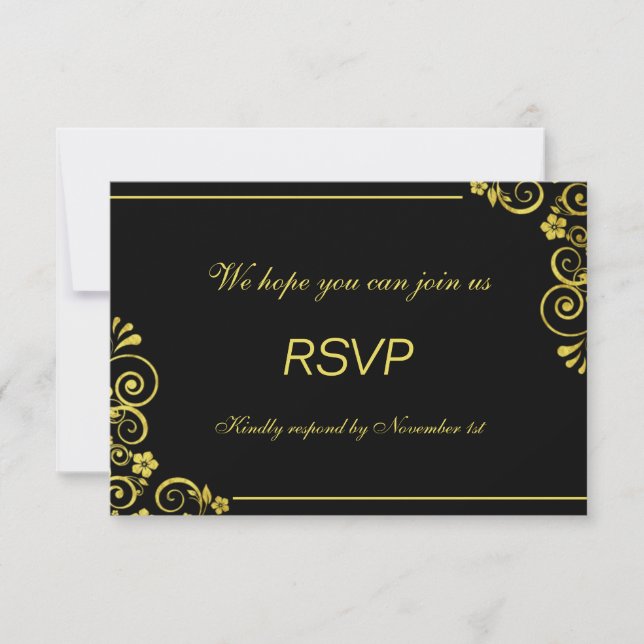 Art Deco Black gold Floral Swirls Casamento RSVP (Frente)