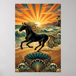 Art Deco Black Stallion Beach Waves Sunset Poster
