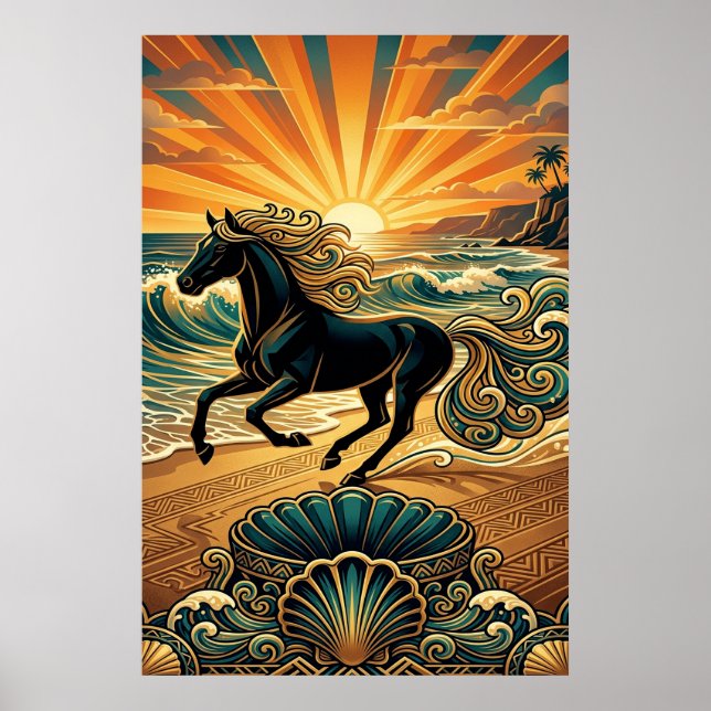 Art Deco Black Stallion Beach Waves Sunset Poster (Frente)