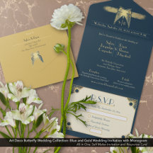 Art Deco Borboleta Monograma Dourado Casamento Azu