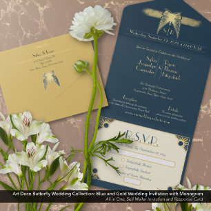 Art Deco Borboleta Monograma Dourado Casamento Azu