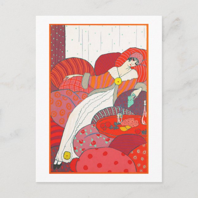 Art Deco cartão postal 4 Mulher descansada na cama (Frente)