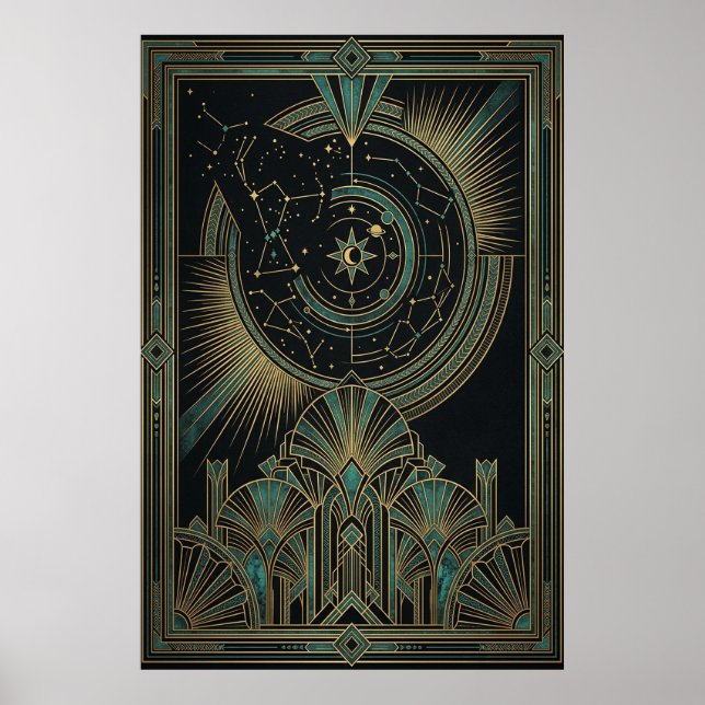 Art Deco Celestial Astrolabe Poster | Gold Teal (Frente)