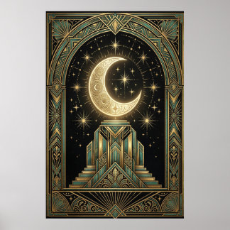 Art Deco Celestial Moon Ziggurat Poster | Gold Tea